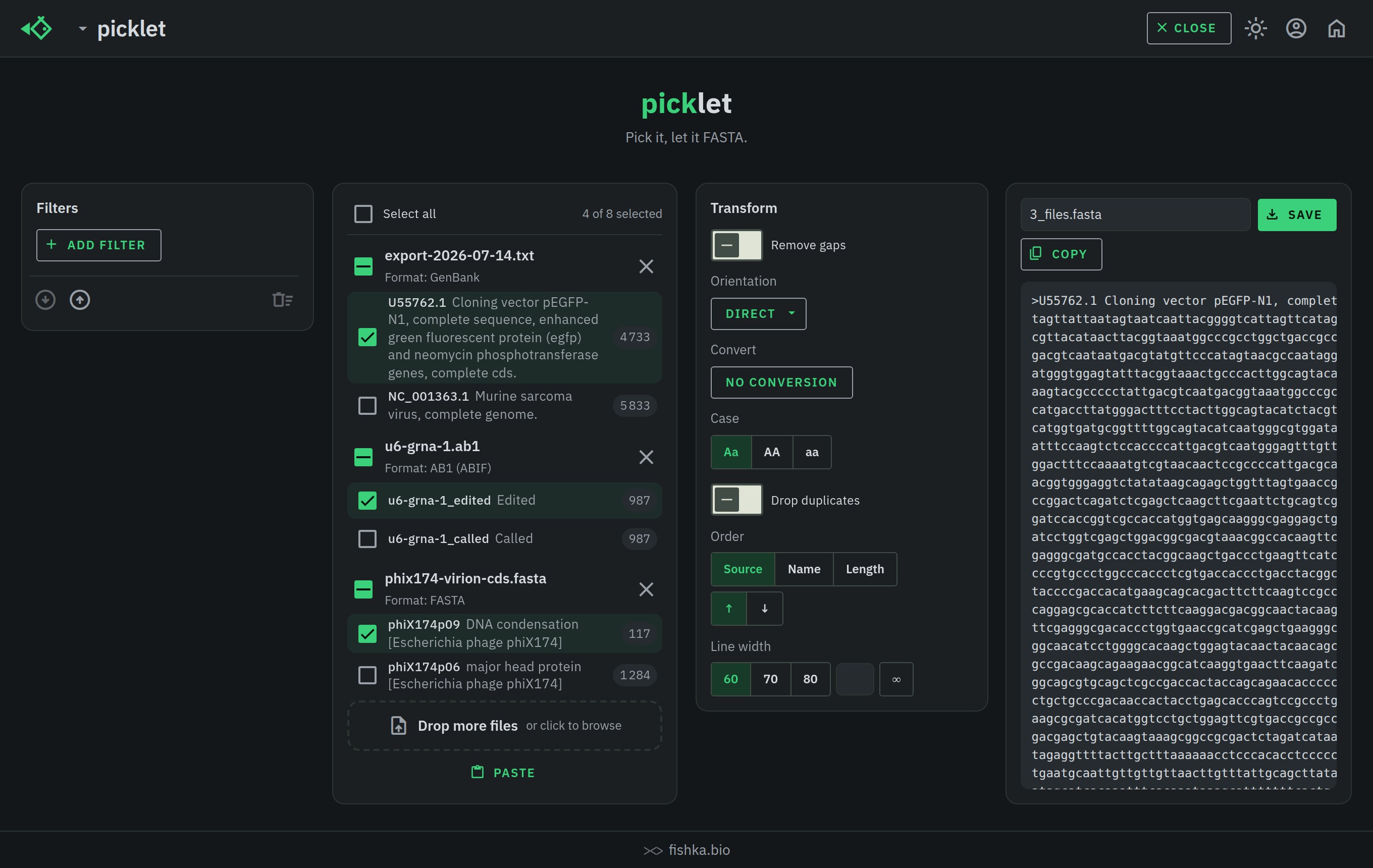 picklet с тремя файлами разных форматов в одном списке — выгрузка GenBank с именем .txt, хроматограмма AB1 и файл FASTA — и превью FASTA из отмеченных записей, тёмная тема